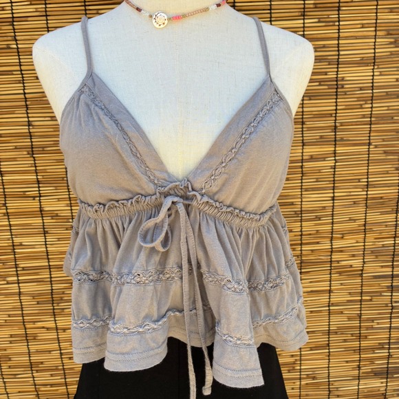Urban Outfitters Tops - Urban Outfitters Grey Crochet Lace Trim Babydoll Cami Crop Top Large